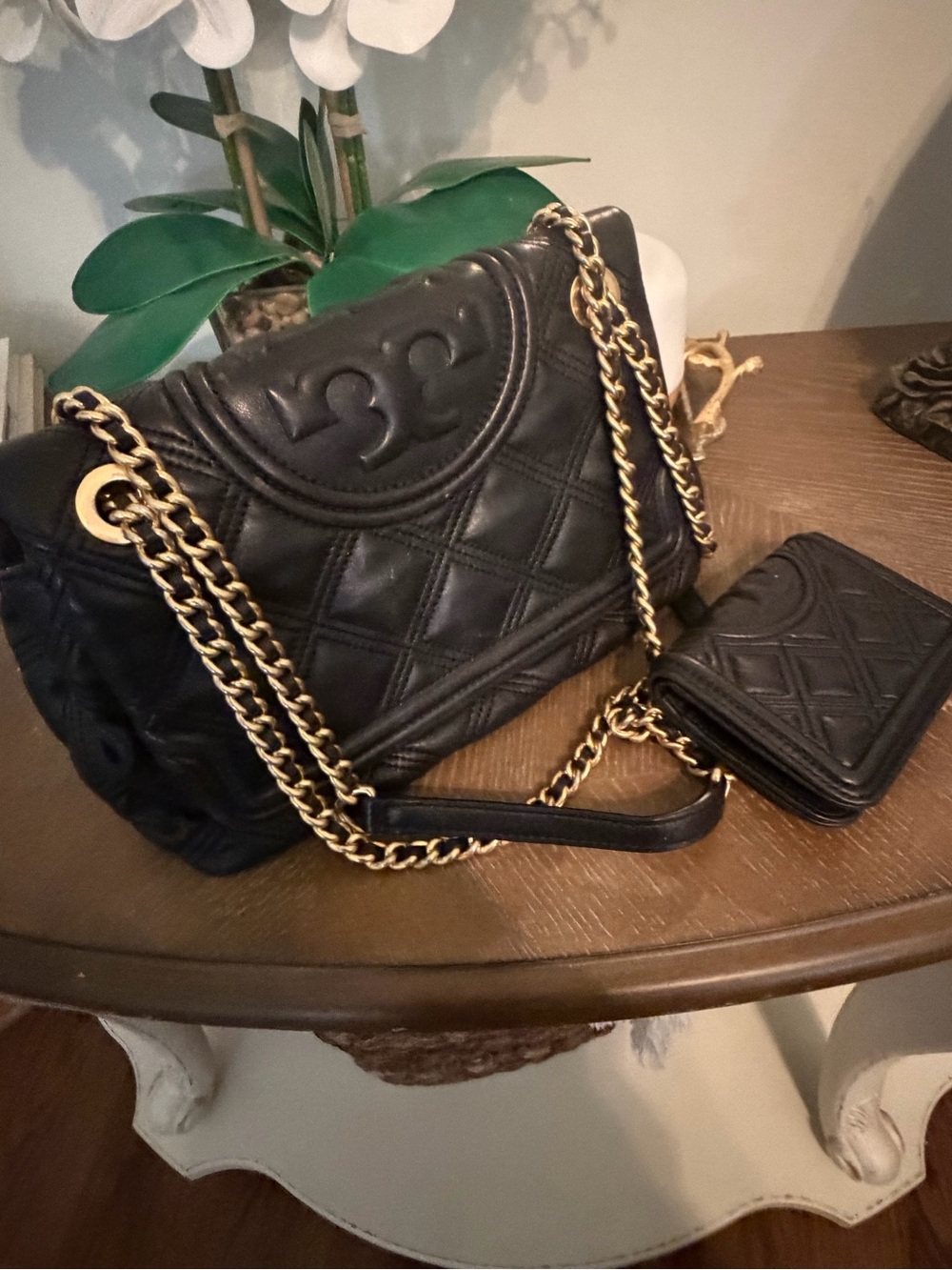 Tory Burch Black Fleming Soft Quilted Leather Shoulder Bag + Wallet Set
